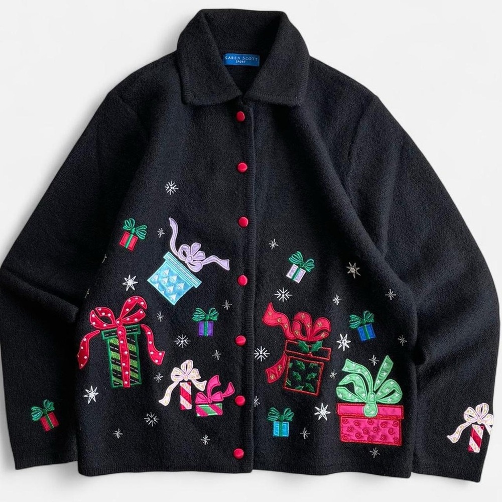 Vintage Karen Scott Wool Black Embroidered Christmas Holiday Present Cardigan S